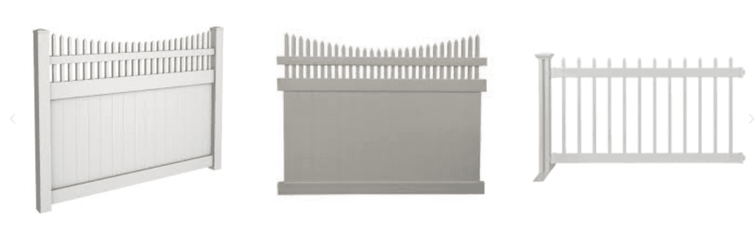 Three vinyl fence styles: scalloped privacy, straight picket top, and classic picket.
