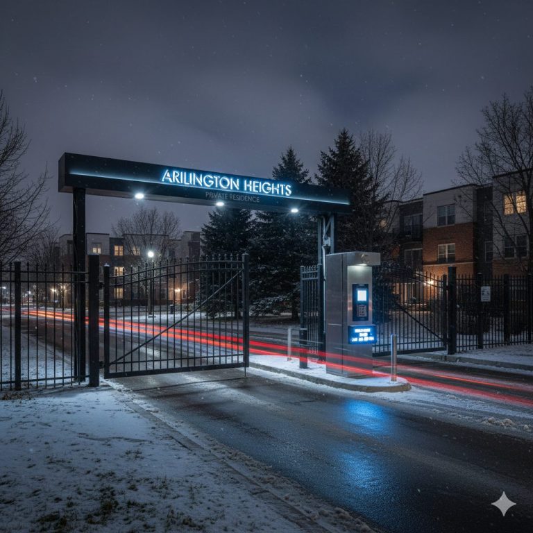 Automatic security gate in Arlington Heights, Chicago, under the snow with night lights.