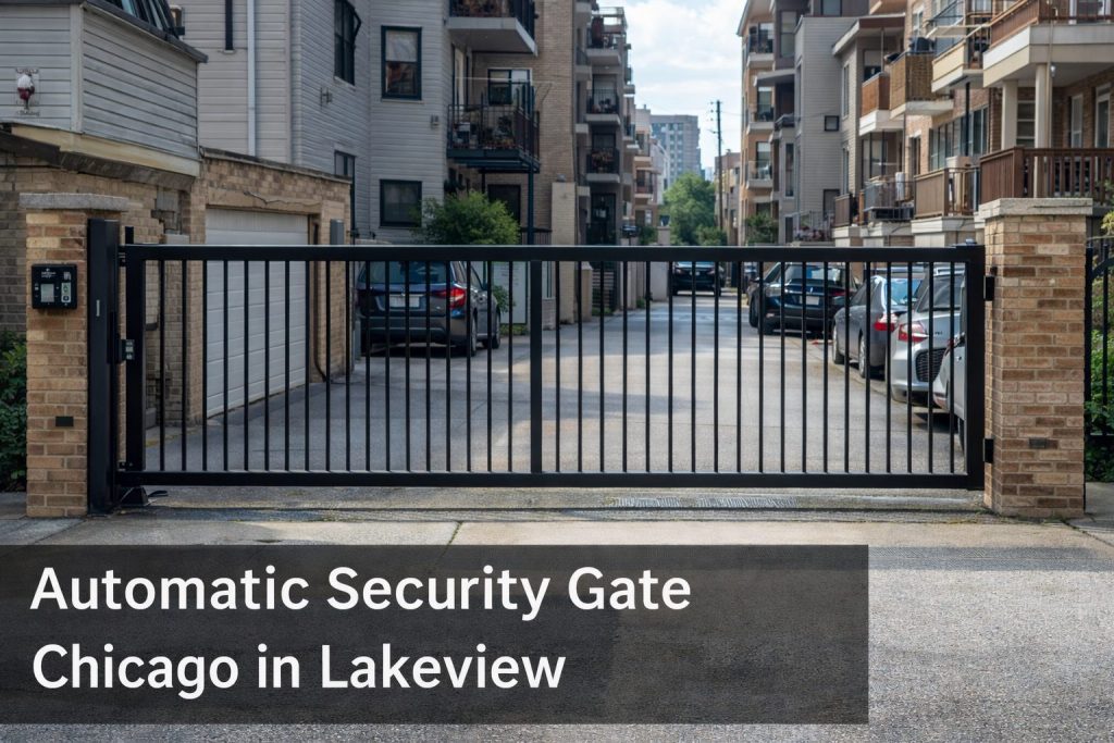 Automatic security gate Chicago installed in a residential alley in Lakeview, featuring a black sliding metal gate with keypad access for controlled property entry.
