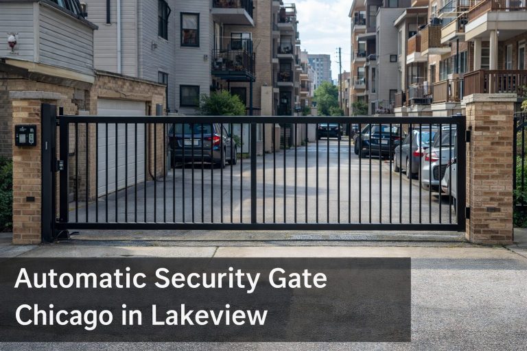 Automatic security gate Chicago installed in a residential alley in Lakeview, featuring a black sliding metal gate with keypad access for controlled property entry.