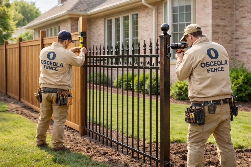 Fence installation Chicago Park Ridge with professional installers working on a residential steel fence