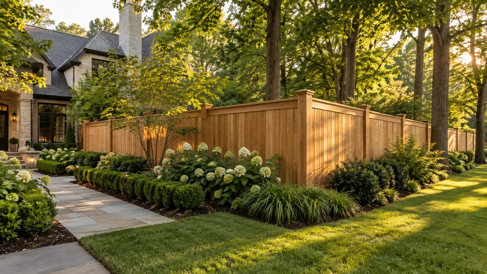 Residential fencing in Riverwoods IL with a privacy fence around a wooded backyard