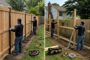 Assembled vs stick built fence comparison showing panel installation and DIY fence construction process