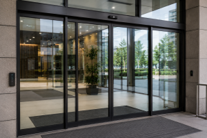 Automatic pedestrian door sliding system with sensors for secure access control