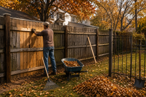 Autumn fence maintenance checklist cleaning leaves repairing fence posts trimming trees Chicago residential fencing