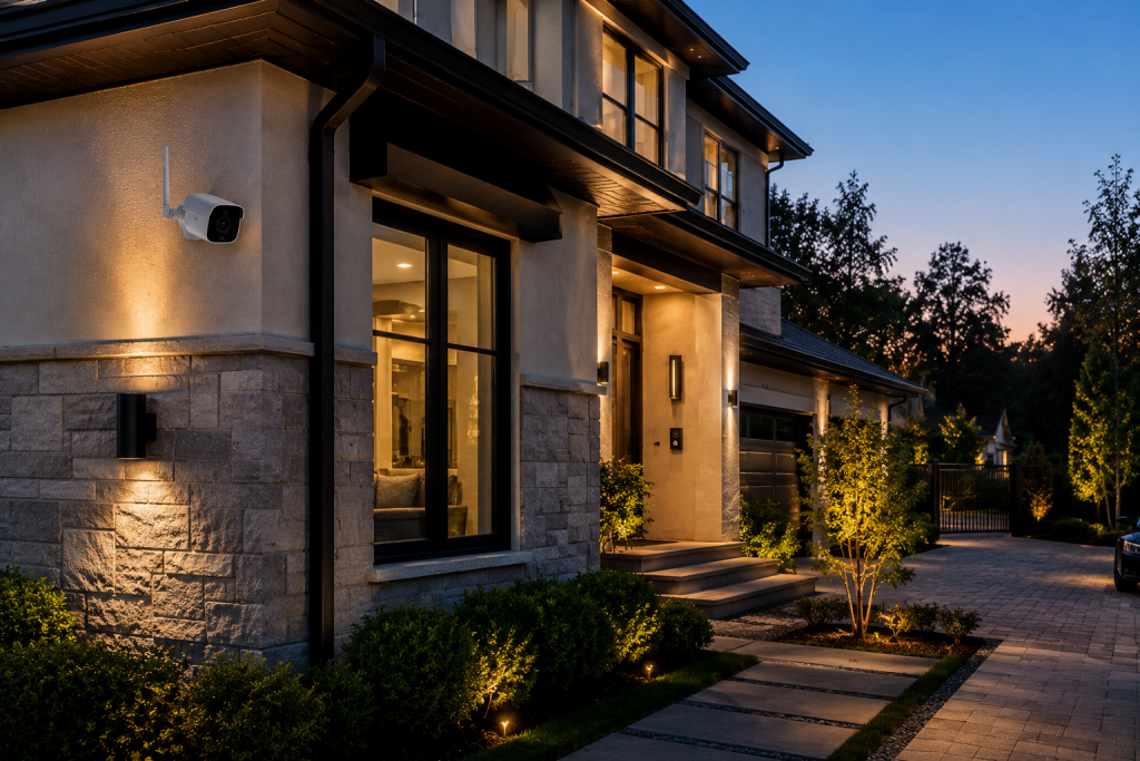 Outdoor wireless security cameras installed on residential property in Hinsdale for home protection and surveillance