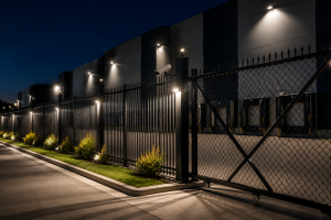 Commercial fence lighting Chicago illuminating perimeter security fence at night