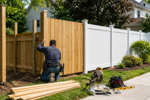 Fence contractor installing residential fence in Des Plaines Illinois showing professional construction work