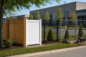 Fence installation Chicago planning showing different fencing materials like wood, vinyl, iron, and composite