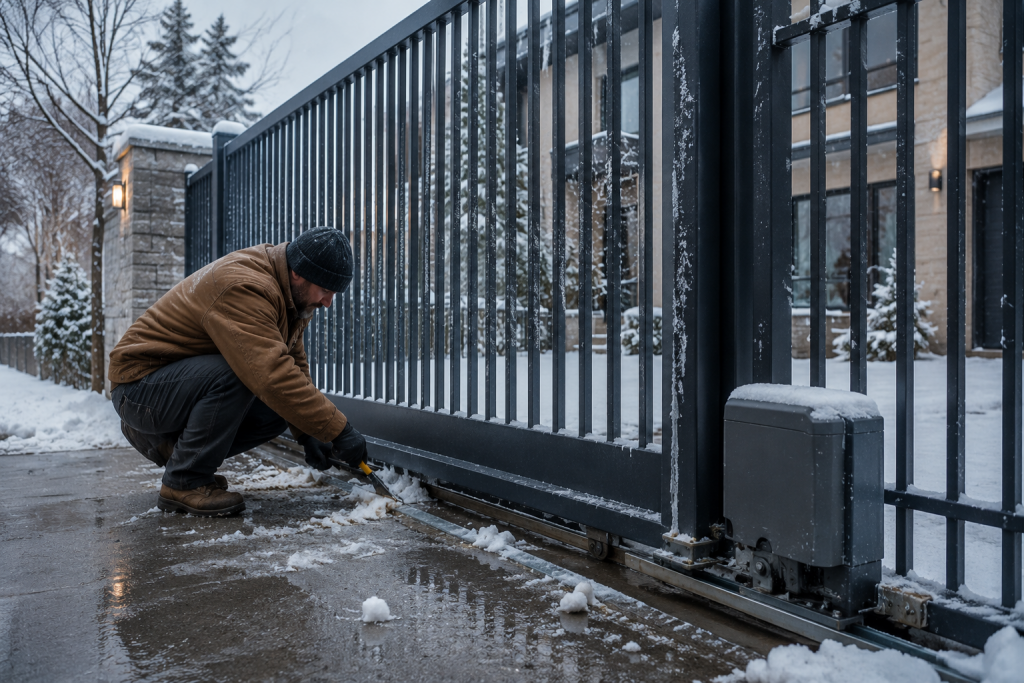 Automatic gate track winter maintenance snow removal cleaning debris prevention Chicago fencing