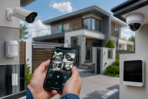 Home security camera integration system showing cameras connected with alarms and smart home monitoring devices