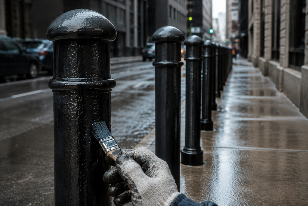 Iron bollards maintenance Chicago cleaning and rust protection industrial safety posts