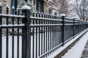Iron fence Chicago snow winter damage rust prevention maintenance cold weather protection