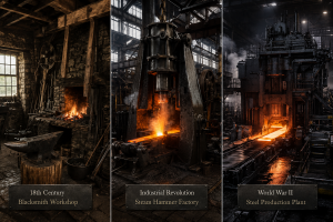 Iron forging history industrial revolution WWII steel production factory steam hammer evolution metal industry