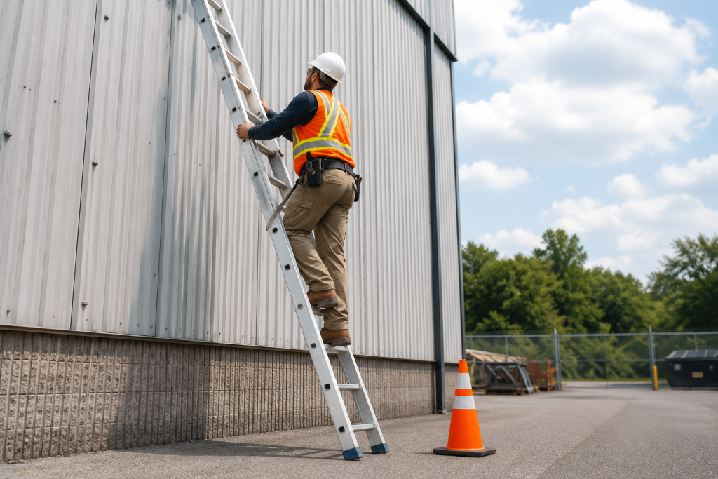 Ladder safety accidents prevention worker using ladder correctly industrial safety tips fall protection