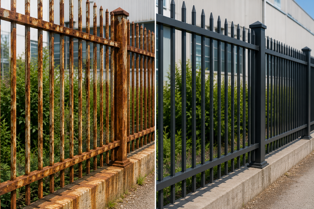 Metal fence paint rusted iron fence restoration durable coating protection outdoor fencing maintenance