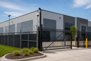 Commercial perimeter security fence installed around Chicago property providing protection and controlled access