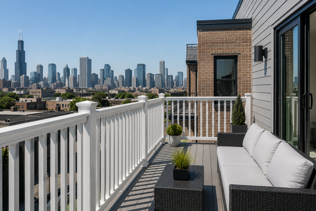 Plastic railing Chicago installed on modern balcony with durable and stylish design