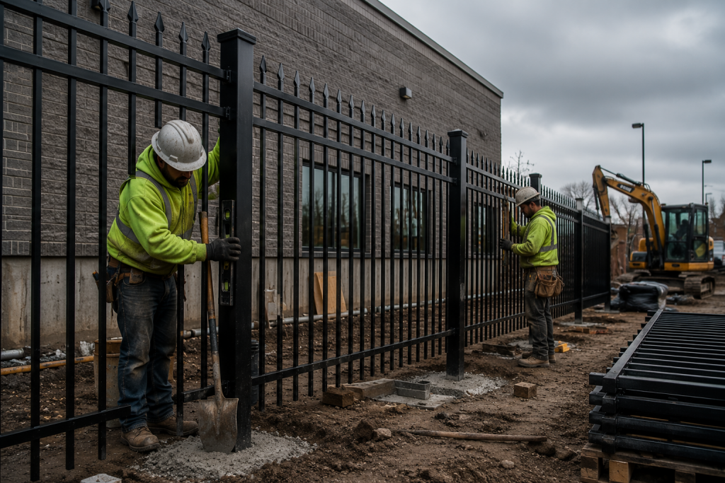 Pre fabricated steel fence installation process posts panels concrete setting Chicago fencing contractor