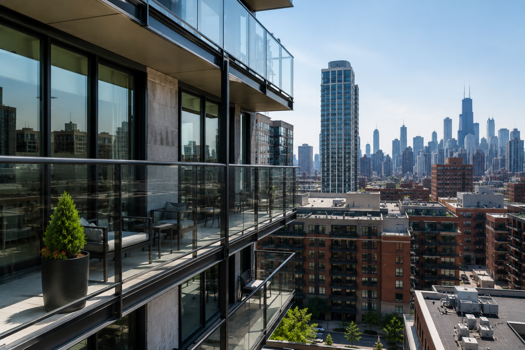 Modern residential glass balcony Chicago apartment complex with steel framing