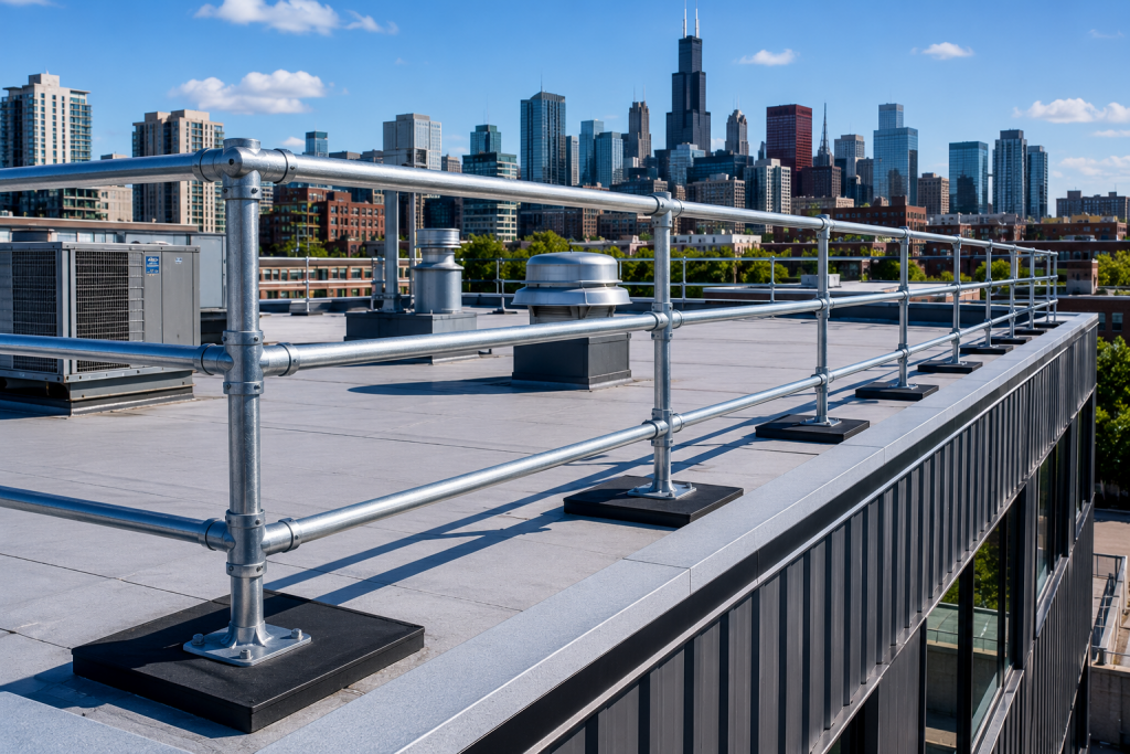 Rooftop guardrails Chicago installed on commercial building for OSHA safety compliance and fall protection