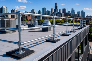 Rooftop guardrails Chicago installed on commercial building for OSHA safety compliance and fall protection