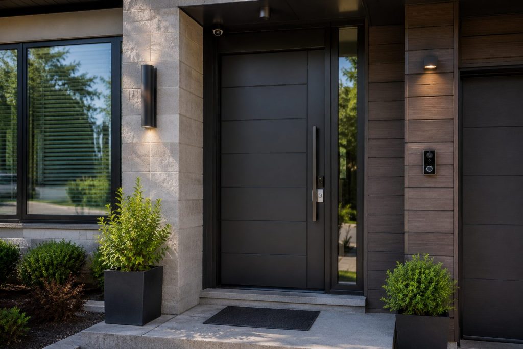 Modern front door with reinforced lock, security camera and motion lighting