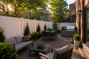 Modern summer deck Chicago backyard design with vinyl fence and outdoor furniture