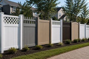 Vinyl fence customization Chicago showing different colors, finishes, and decorative fence styles