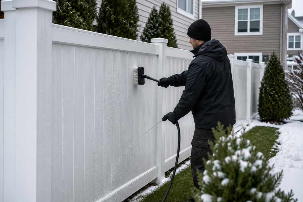 Vinyl fence maintenance Chicago showing cleaning and repair of residential PVC fencing