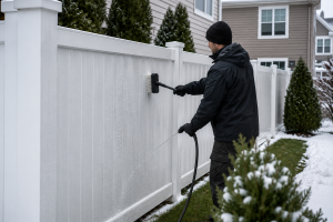Vinyl fence maintenance Chicago showing cleaning and repair of residential PVC fencing