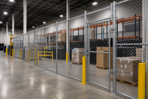 Warehouse indoor fencing installation with chain link partitions for inventory and safety zones