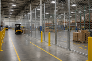 Warehouse partition installation showing indoor fencing layout for traffic flow and inventory organization