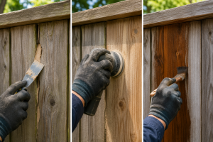 Wood fence crack repair process fixing splinters and damaged wooden boards with sanding and sealing