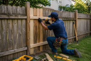 Wood fence repair Chicago process fixing rails posts and damaged wooden panels
