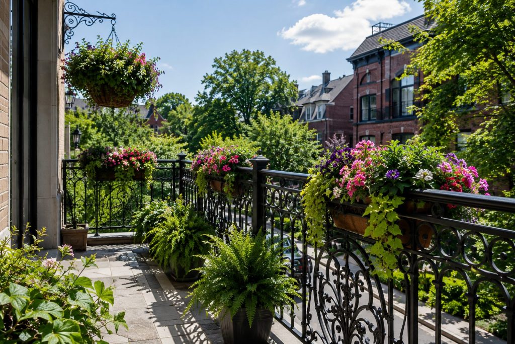 Wrought Iron Balcony Railings with beautiful balcony garden